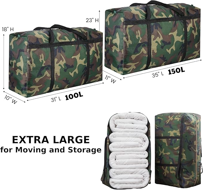 Camouflage Extra Large Moving Bags, Heavy Duty Storage Bags, 600D Oxford Cloth Wrap Around Handles Double Zipper, Waterproof Reusable Convenient (150L-2P)