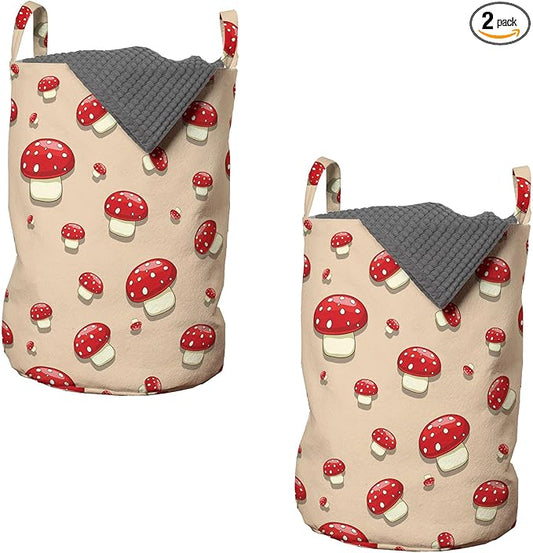 Ambesonne Mushroom Laundry Bag Pack of 2, Woodland Themed Illustration of Spotted Toadstool Summer Season Forest Cartoon, Hamper Basket with Handles Drawstring Closure, 13" x 19", Ivory Red