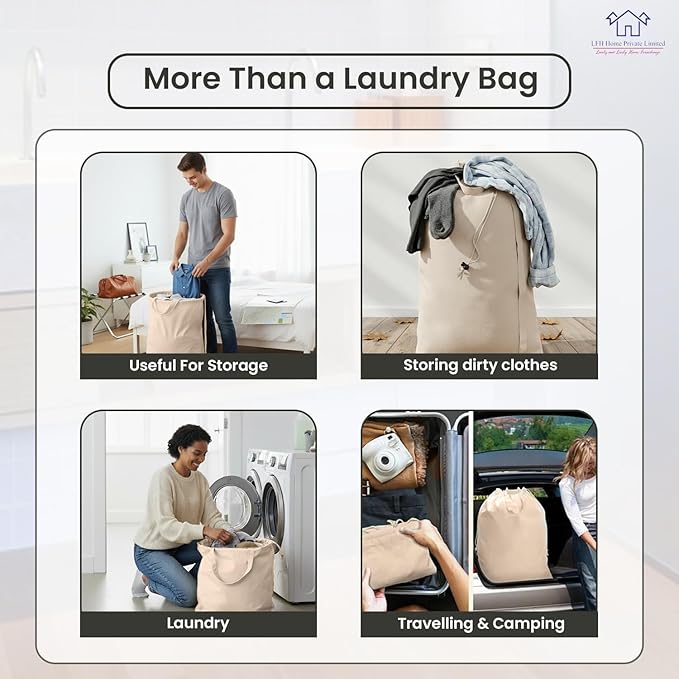 LFH Home Large Premium 1pack Cotton Canvas Laundry Bag with Drawstring and Handles Heavy Duty, Multi-Use, Washable for Home, Travel, College or Storage 18x26 -Natural