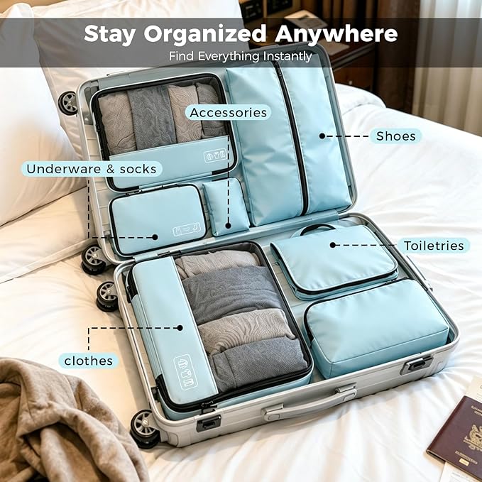 Compression Packing Cubes Set, Versatile 8pc Travel Essential Packing System- Lightweight Travel Organizers for Family & Business Travel, Space Save for Backpack, Duffel & Suitcase- Blue