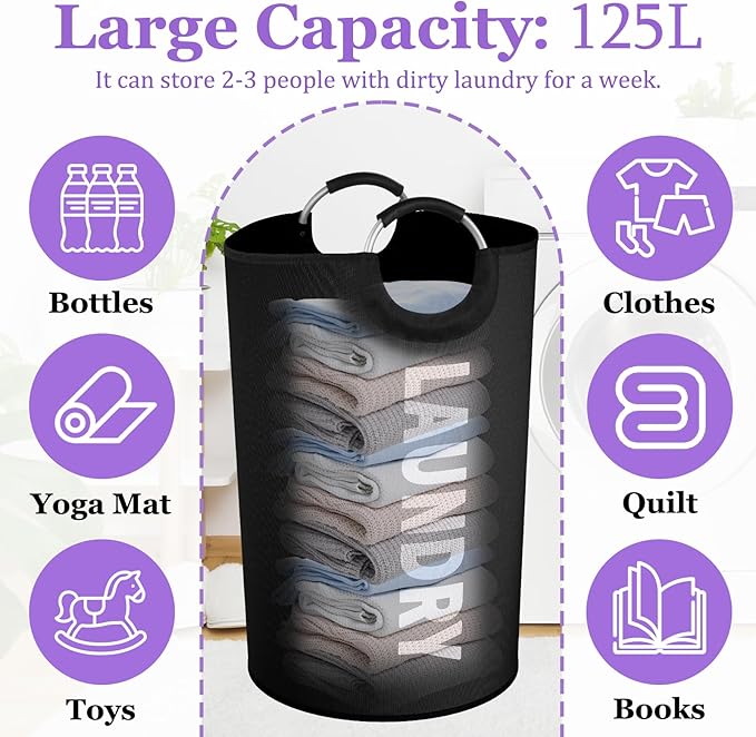 125L Extra Large Laundry Basket with Handles, Collapsible Clothes Hamper for Bedroom, Independent Dirty Clothes Basket, Portable Laundry Bin for Hotel, Dorm, Black