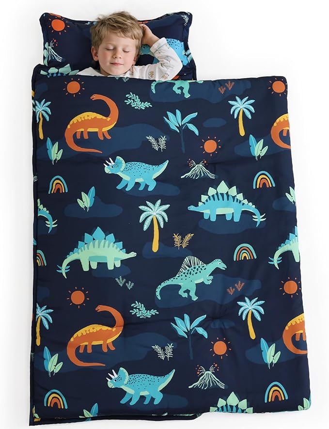 PHF Navy Dinosaur Toddler Nap Mat Set, with Removable Pillow for Toddler Boys, Soft and Lightweight for Daycare, Preschool, Travel, Kindergarten Sleeping Bag, Fits Ages 3-6 Years, Large Navy Dinosaur