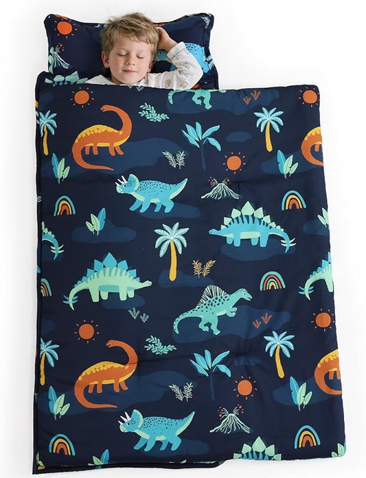 PHF Navy Dinosaur Toddler Nap Mat Set, with Removable Pillow for Toddler Boys, Soft and Lightweight for Daycare, Preschool, Travel, Kindergarten Sleeping Bag, Fits Ages 3-6 Years, Large Navy Dinosaur