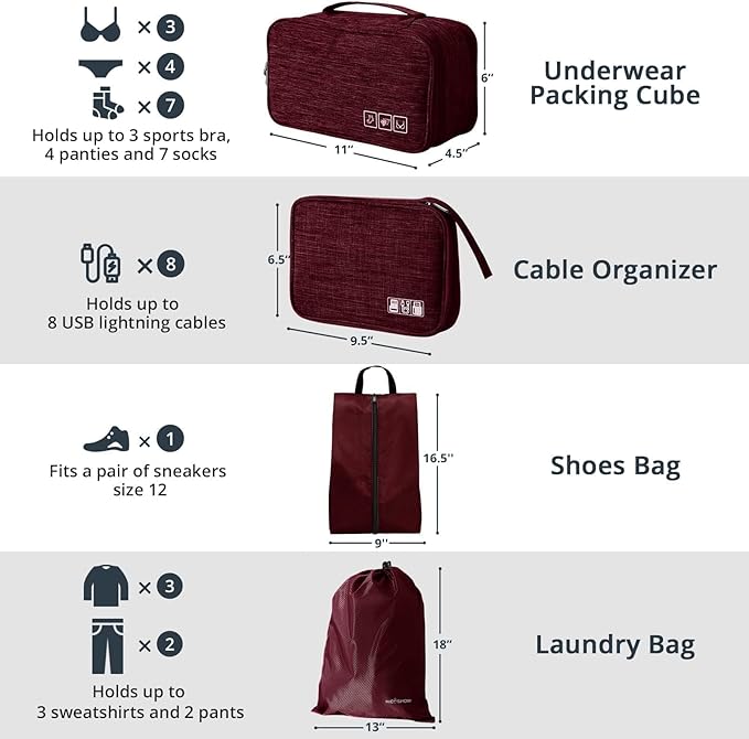 NICOSHOW 7 Set Compression Packing Cubes for Travel - Compressible, Lightweight, and Space-Saving Packing Cubes, Travel Essentials for Women, Wine