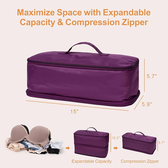 Cambond Travel Underwear Organizer Bag - 4-in-1 Soft Double Layer Bra Travel Bag, Portable Expandable Compression Packing Organizers, Underwear Storage Bag Packing Cubes for Women