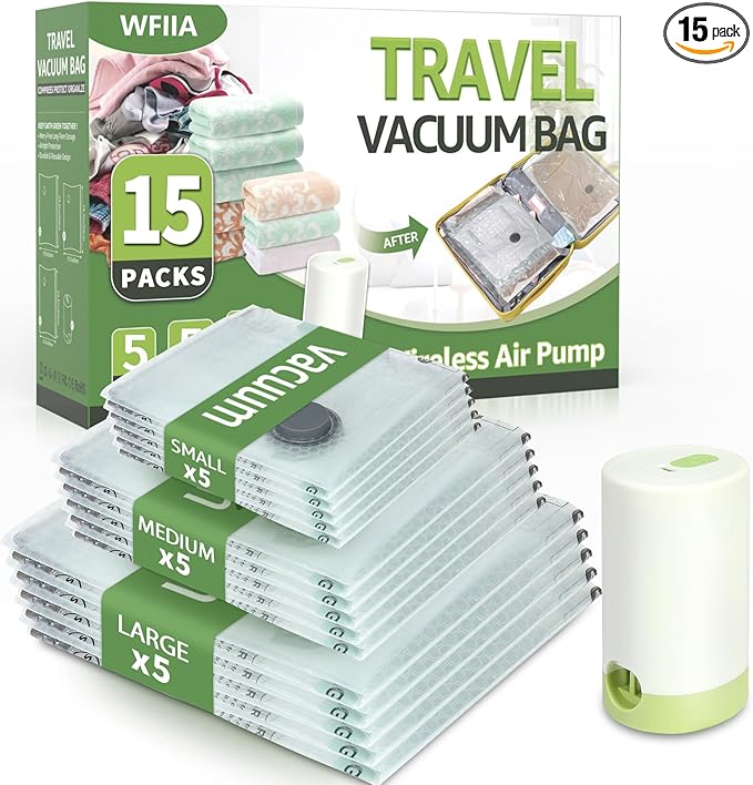 15 Packs Vacuum Bags for Travel with Rechargeable air Pump, 3 Sizes Vacuum Seal Bags for Clothing, Space-Saving Compression Storage Bags for Travel & Closet Organization