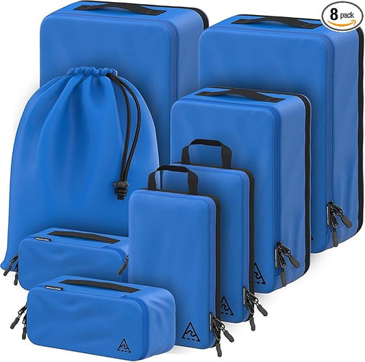 Well Traveled 8 pcs Compression Packing Bags Cubes Set with HybridMax Double-Capacity Design - Packing Cubes for Travel Compression to Maximize Limited Luggage Space, Blue