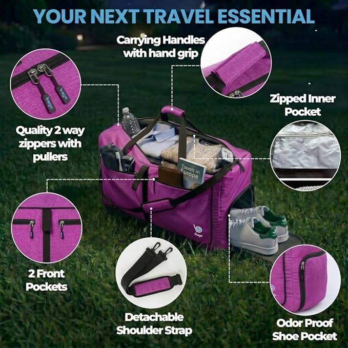 Bago Large Duffle Bag for Travel Women & Men. Durable Lightweight Foldable Travel Duffel Bags For Traveling Women. 80L Duffle Bags For Overnight Bag With Shoe Compartment Collapsible Weekender duffel