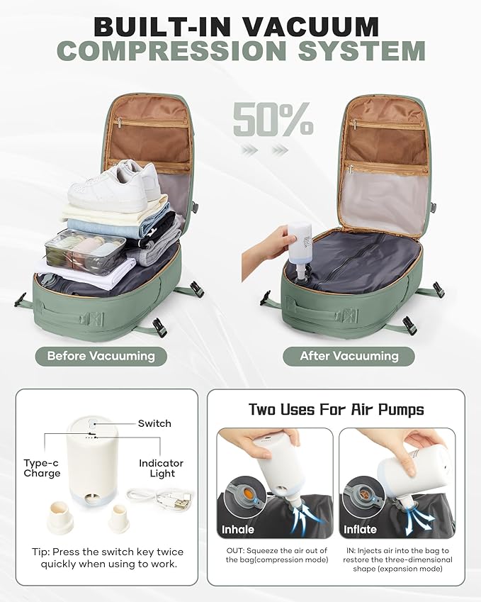 coofay Vacuum Backpack Travel with Pump Vacpack Backpack with Vacuum System Travel Compression Backpacks for Women Mochila De Viaje Carry on Luggage