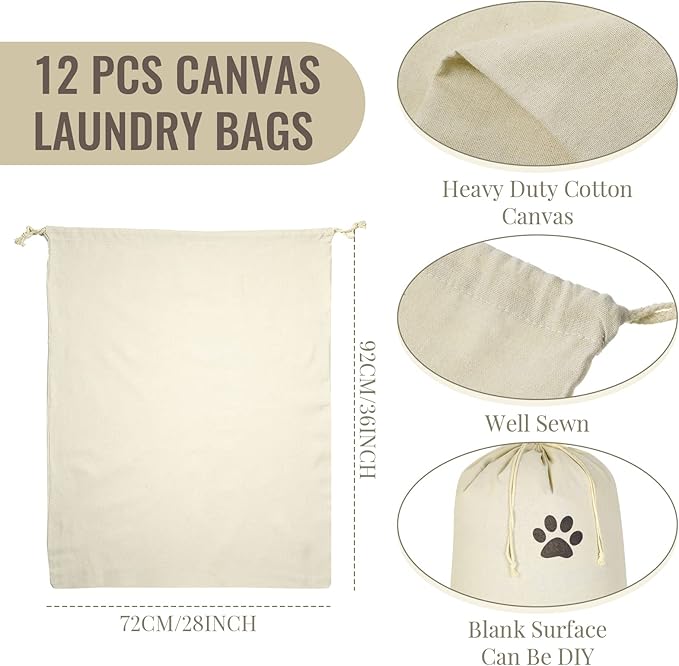 Remagr 12 Pcs 28" x 36" Canvas Laundry Bags Bulk Large Cotton Laundry with Drawstring Heavy Duty Hamper Liner Washable Dirty Clothes for home College Sports Dorms Travel