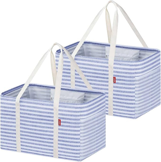 LHZK 2 Pack Utility Tote Bag with Metal Wire Frame and the Sides Rinforced, Large Tote Bag with Handle, Reusable Grocery Bags Foldable, Beach Bag, Car Tote (Blue, 18.5''x11.8''x11.5'')
