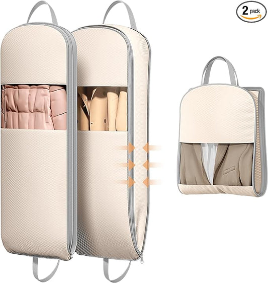 DIMJ 2 Pack 43" Garment Bags for Hanging Clothes - Space Saving Compression Suit Bag Travel with Handles Window, Washable Carry Clothing Storage Cover for Dress, Coats, Down Jacket, Shirts