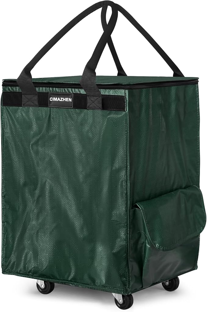 (Medium,Green) Reusable Grocery Bag on 4 Wheels, Foldable Rolling Tote Bag with 3 Handles and Zipper, Storage Organizer for Groceries, Rolling Shopping Cart for Travel, 76lb