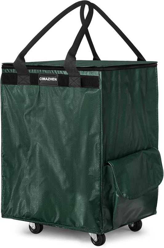 (Medium,Green) Reusable Grocery Bag on 4 Wheels, Foldable Rolling Tote Bag with 3 Handles and Zipper, Storage Organizer for Groceries, Rolling Shopping Cart for Travel, 76lb