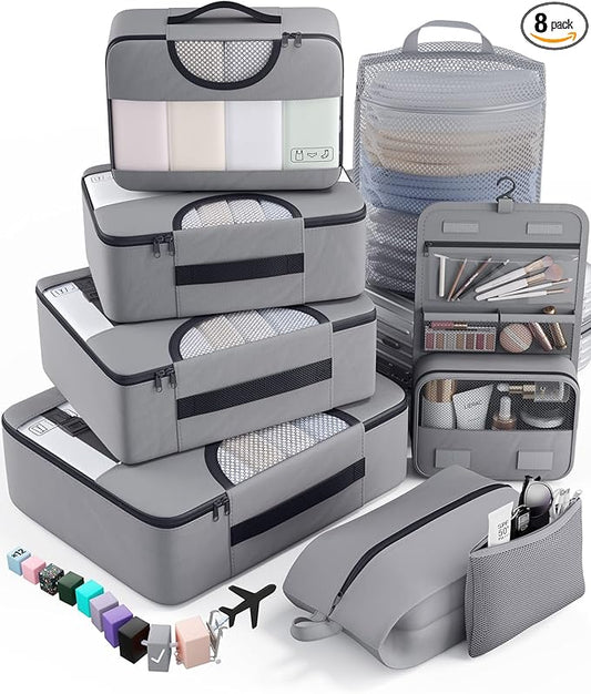 Veken 8 Set Packing Cubes for Travel Essentials, Suitcase Organizer Bags in 4 Sizes, Carry-On Luggage Accessories with Large Laundry & Hanging Toiletry Bag, Must-Have for Airplane, Road Trip & Camping