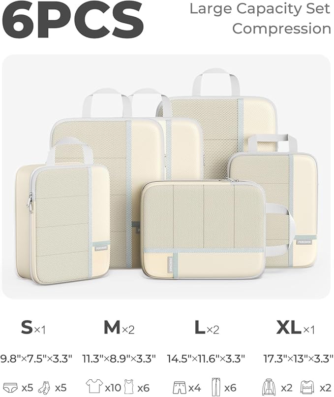 Percover Compression Packing Cubes for Travel, 6-Piece Structured Compression Organizer Set for Organized Packing & Carry-On Luggage, Beige
