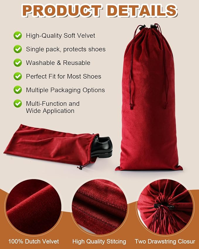 6 Pcs Single Shoe Bags for Travel, 17.3"x8.6" Washable Travel Shoe Bags for Packing in Suitcase, Velvet Dust Bag with Drawstring, Shoe Pouch for Women and Men, Travel and Home Storage (Rio Red)