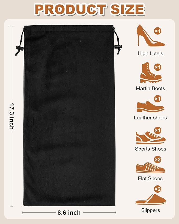2 Pcs Single Shoe Bags for Travel, 17.3"x8.6" Washable Travel Shoe Bags for Packing in Suitcase, Velvet Dust Bag with Drawstring, Shoe Pouch for Women and Men, Travel and Home Storage (Black Beauty)