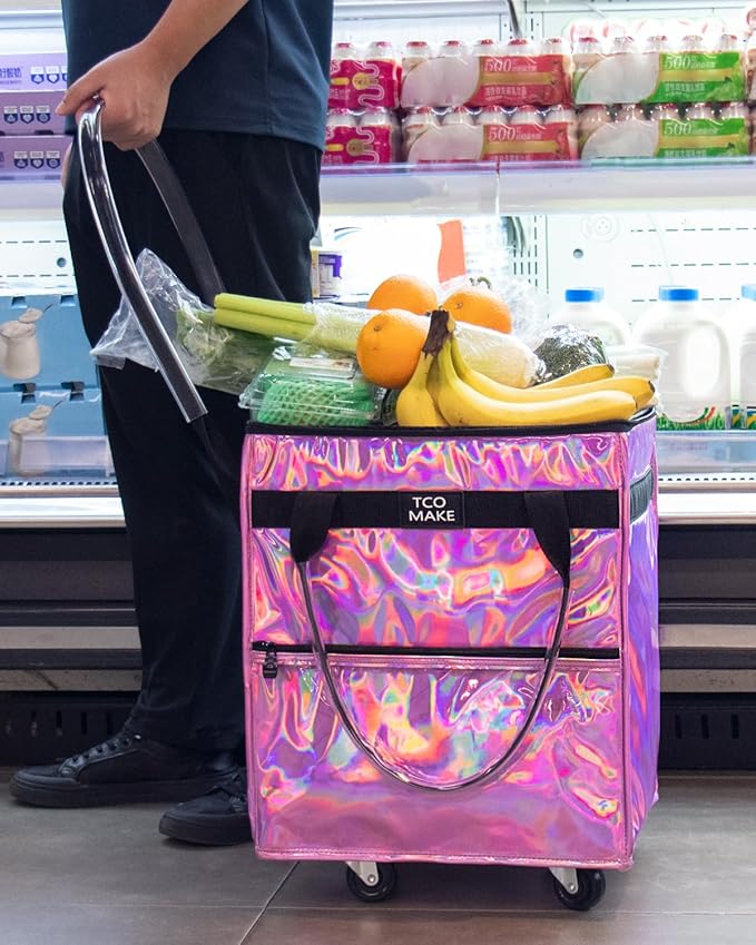 Reusable Grocery Bag on Wheels, Rolling Shopping Bags with Wheels and Handle, Folding Rolling Tote Trolley, Zipper Cover, Carries Up to 22 LBS, Easy Transportation (Small, Phantom Pink)