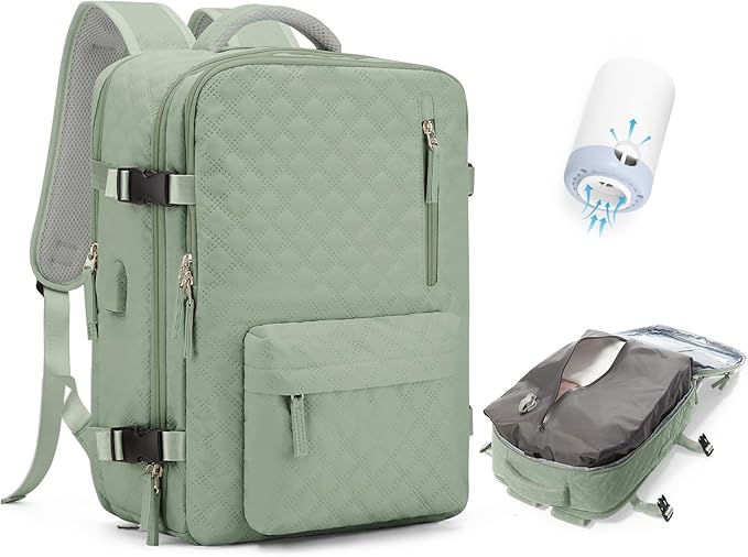 Travel Vacuum Storage Backpack with Air Pump Vacuum Seal Compression Space Saver Bags Clothing Vacpack 18x14x8 inches Travel Bag Carry on Personal item Laptop Work Backpacks Women LightGreen