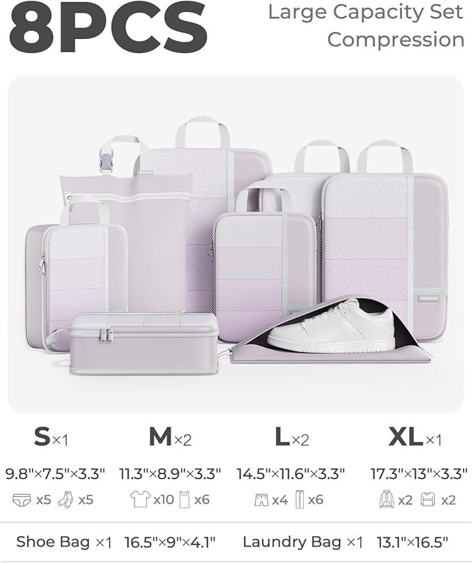 Percover Compression Packing Cubes for Travel, 8-Piece Structured Compression Organizer Set with Laundry Bag & Shoe Bag for Carry-On & Checked Luggage, Purple