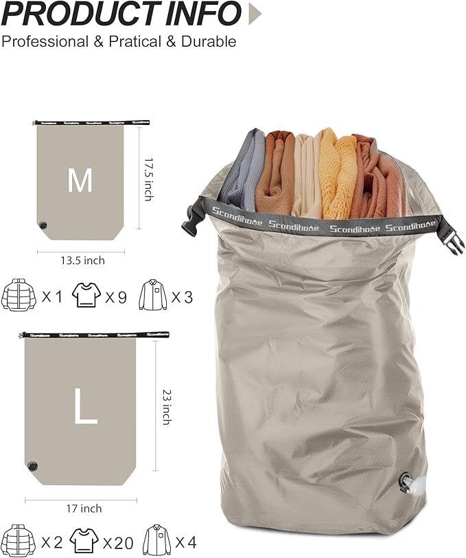 Travel Laundry Bag, Pump Free Vacuum Storage Bag Reusable Compression Dirty Clothes Travel Bag Waterproof Wet Dry Bags Large Capacity Space Saver Bags Camp Clothes Organizer (1 Pcs)(Gray, M)
