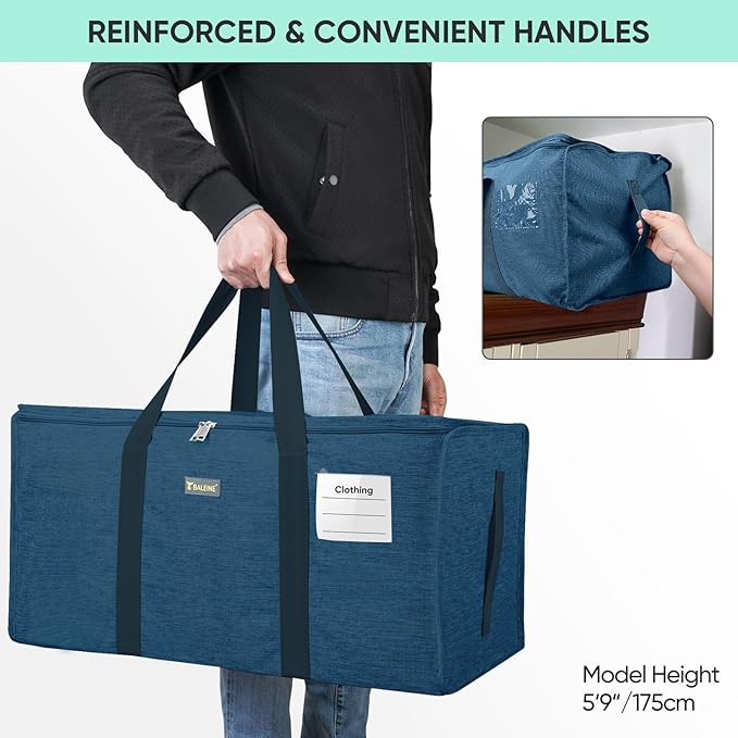 BALEINE Extra Large Storage Tote with Zippers & Carrying Handles, Heavy-Duty Oxford Fabric Moving Bags for Laundry, Space Saving, Storage, 2-Pack, Denim Blue