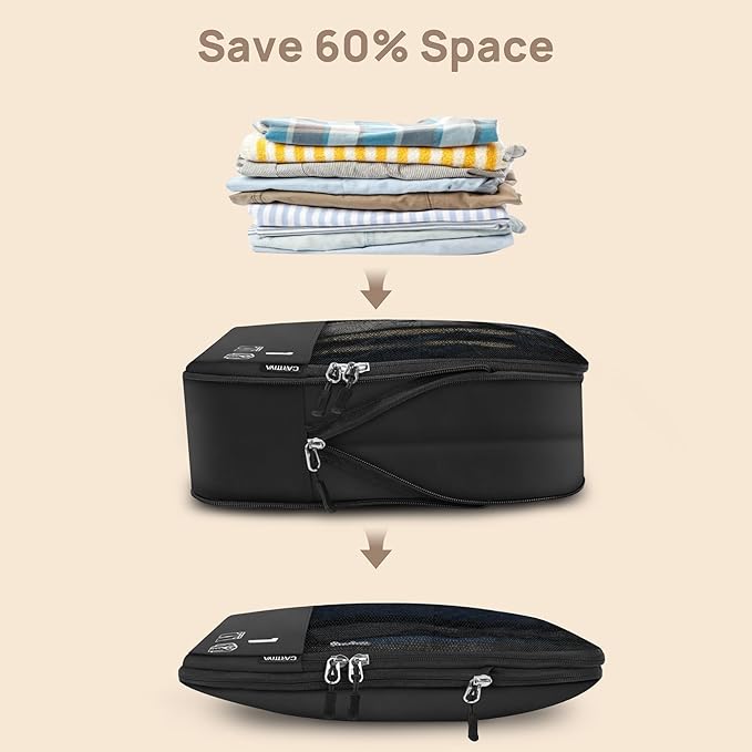 7 Set Compression Packing Cubes for Travel, Luggage Organizer Bags for Suitcases with Mesh Panels, Shoe Bag & Toiletry Bag for Carry On, Vacation & Cruise Essentials (Black)