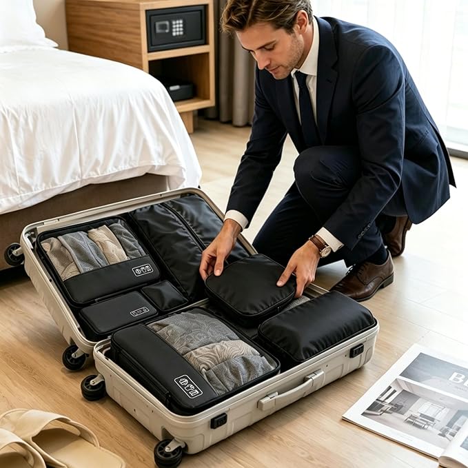 8-Piece Compression Packing Cubes for Travel, Ultralight Sleek Luggage Organizer Set for Business Trips & Frequent Travelers, Space Saving for Carry-On & Suitcase - Black