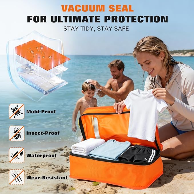 Vacuum Bags for Travel with Wired Pump, Travel Compression Bags for Clothes, 180° Open Zipper, Save 80% Space, IP68 Waterproof Travelpack Vacuum Kit for Luggage, Suitcase, Home Storage (2 Pack + Pump)