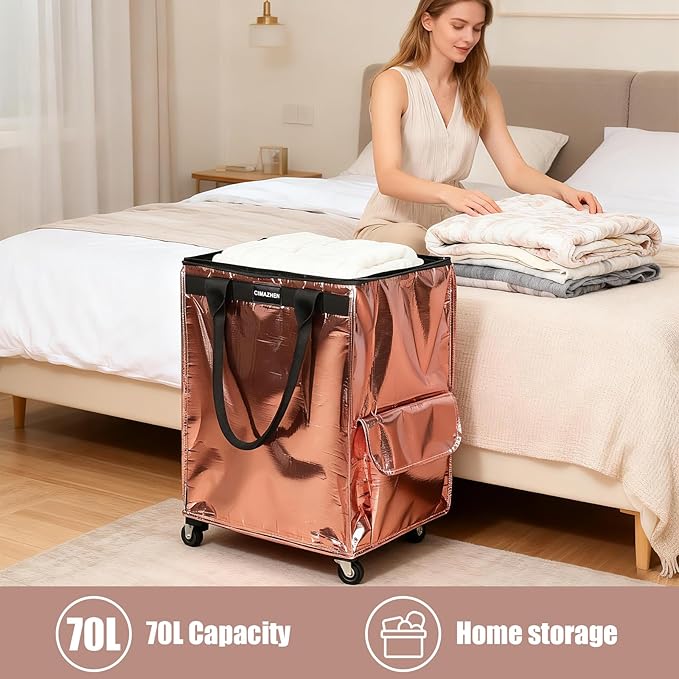 (Medium,Rose Gold) Reusable Grocery Bag on 4 Wheels, Foldable Rolling Tote Bag with 3 Handles and Zipper, Storage Organizer for Groceries, Rolling Shopping Cart for Travel, 76lb