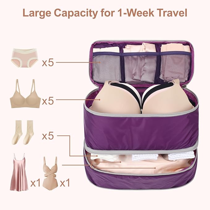 Cambond Travel Underwear Organizer Bag - 4-in-1 Soft Double Layer Bra Travel Bag, Portable Expandable Compression Packing Organizers, Underwear Storage Bag Packing Cubes for Women