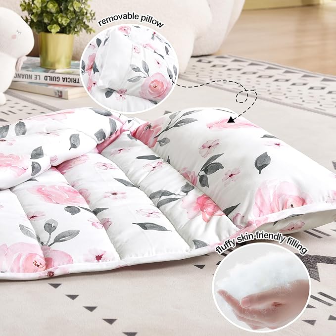 PHF Floral Toddler Nap Mat Set, with Removable Pillow for Toddler Girls, Soft and Lightweight for Daycare, Preschool, Travel, Kindergarten Sleeping Bag, Fits Ages 3-6 Years, Pink Floral