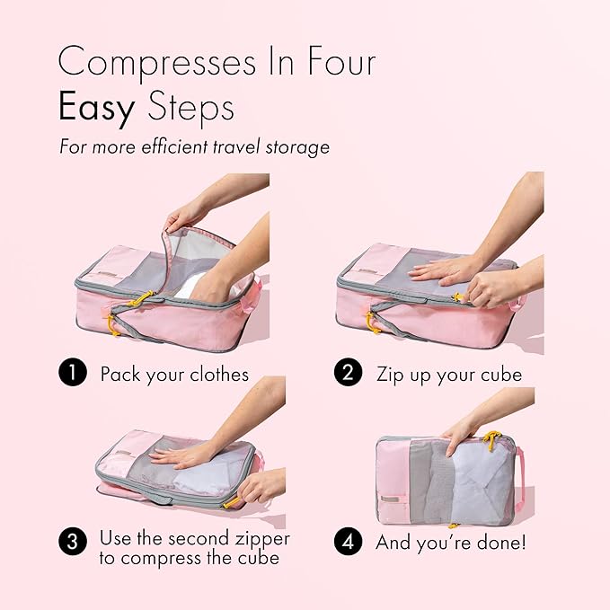 (Not Made In China) 6pc Compression Packing Cubes For Travel, Suitcase and Luggage Space Saver Organizer Bags, Lightweight, Waterproof, Durable, Pink