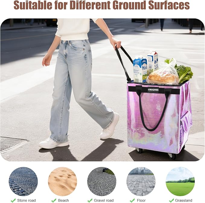 (Medium,Mermaid) Reusable Grocery Bag on 4 Wheels, Foldable Rolling Tote Bag with 3 Handles and Zipper, Storage Organizer for Groceries, Rolling Shopping Cart for Travel, 76lb