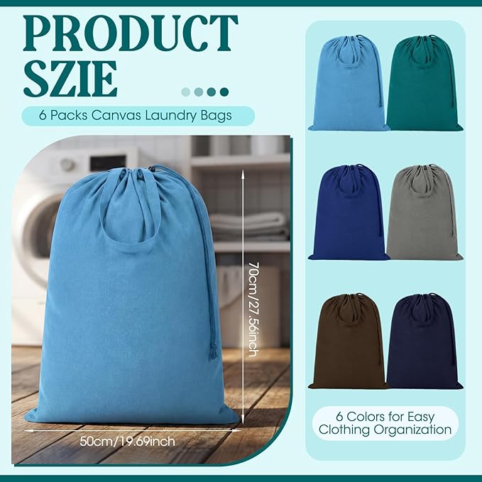 Zhehao 6 Packs Canvas Laundry Bags 20" x 28" Thick Heavy Duty Cotton Laundry Bag with Handles & Drawstring Fit a Basket or Hamper Perfect for College Dorm Apartment Dwellers and Travel (Cool Color)