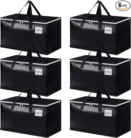 StorageRight Heavy Duty Moving Boxes-Moving Bags with Zipper, Reinforced Handles and Tag Pocket-Collapsible Moving Supplies-Totes for Storage Great for moving, Storage and Travel 93L(Black-6 Pack)