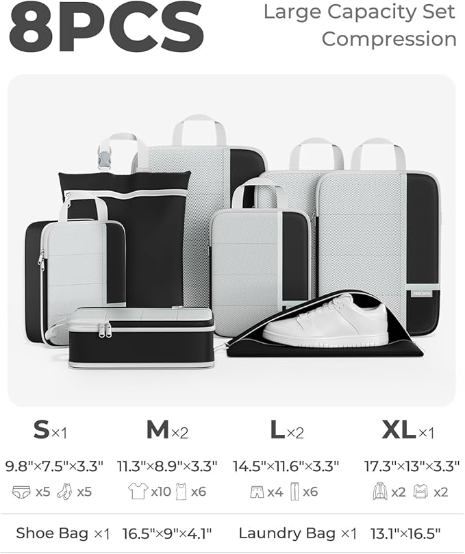 Percover Compression Packing Cubes for Travel, 8-Piece Structured Compression Organizer Set with Laundry Bag & Shoe Bag for Carry-On & Checked Luggage, Black