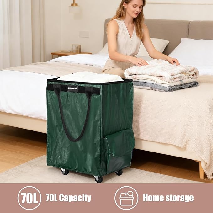 (Medium,Green) Reusable Grocery Bag on 4 Wheels, Foldable Rolling Tote Bag with 3 Handles and Zipper, Storage Organizer for Groceries, Rolling Shopping Cart for Travel, 76lb