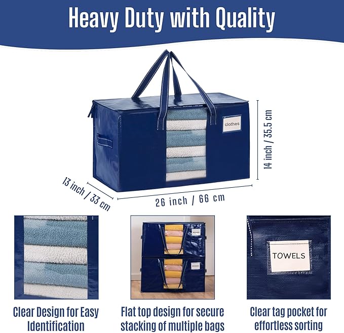 VENO 2 Pack Heavy Duty Moving Bags, Clothes and Comforter Storage Bags with Clear Window, College Dorm Essentials Packing Supplies, Foldable Boxes Alternative (Blue, 2 Pack)
