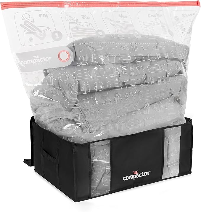 Compactor Vacuum Storage Bag with Semi-Rigid Box, Closet Organizer, Vacuum Seal Bags for Clothing and Bedding, Fits All Vacuum and Nozzle Types, 210L, Black, XXL