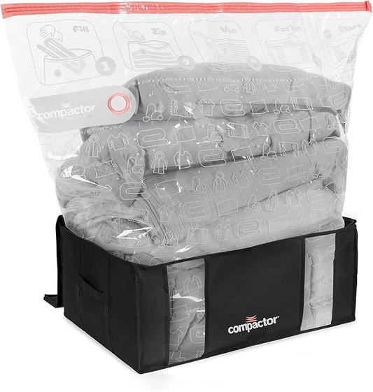 Compactor Vacuum Storage Bag with Semi-Rigid Box, Closet Organizer, Vacuum Seal Bags for Clothing and Bedding, Fits All Vacuum and Nozzle Types, 210L, Black, XXL
