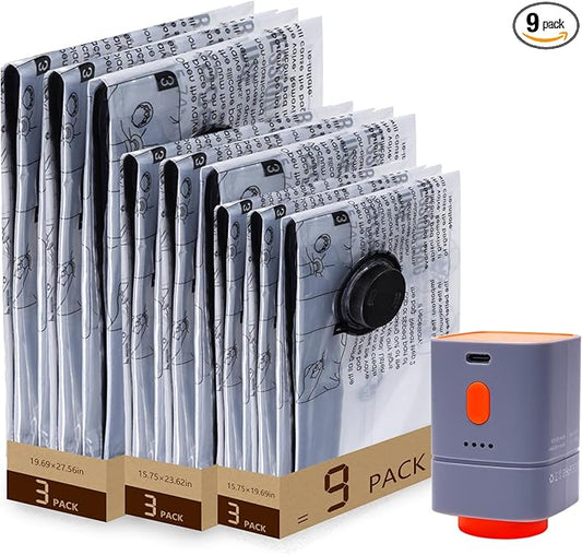Fast-Charging Wireless Pump and 9 Pack Vacuum Compression Storage Bags,Multi-Size Combo 70% Space Saving for Clothing, Bedding & Seasonal Storage & Space Saver for Luggage