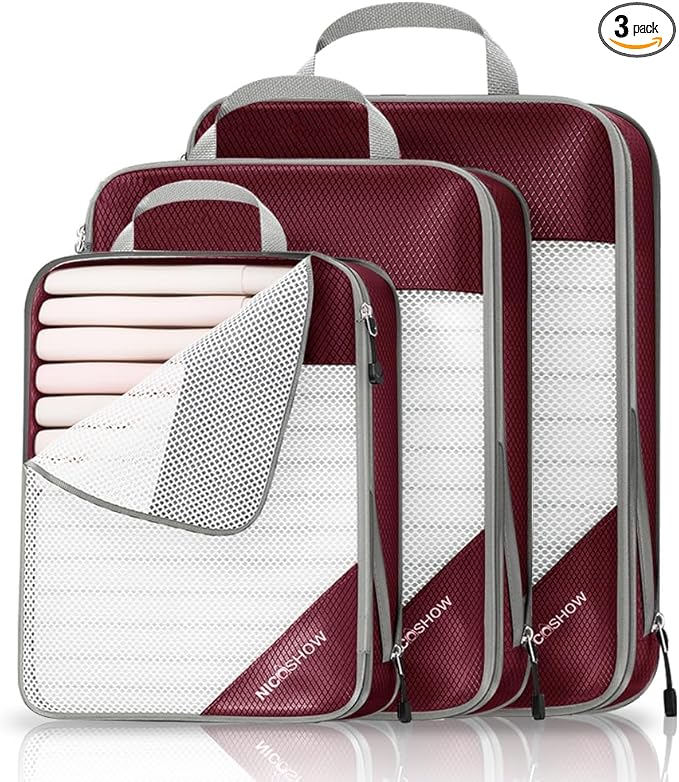 NICOSHOW 3 Set Compression Packing Cubes for Travel - Compressible, Lightweight, and Space-Saving Packing Cubes, Travel Essentials for Women, Wine