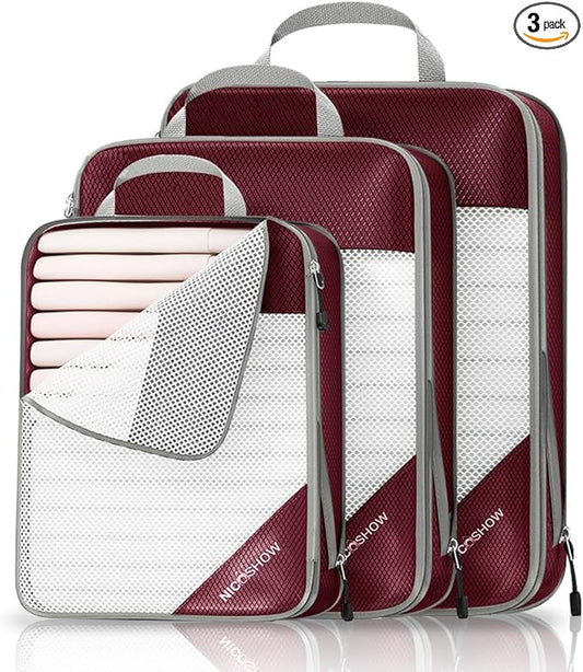 NICOSHOW 3 Set Compression Packing Cubes for Travel - Compressible, Lightweight, and Space-Saving Packing Cubes, Travel Essentials for Women, Wine