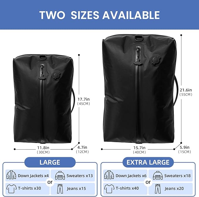 BAGAIL TPU Vacuum Bag for Travel, Reusable Compression Bag with IPX8 Waterproof Zipper, Save Space for Suitcase, Backpack and Carry on (Jet Black, ExtraLarge, With Pump)