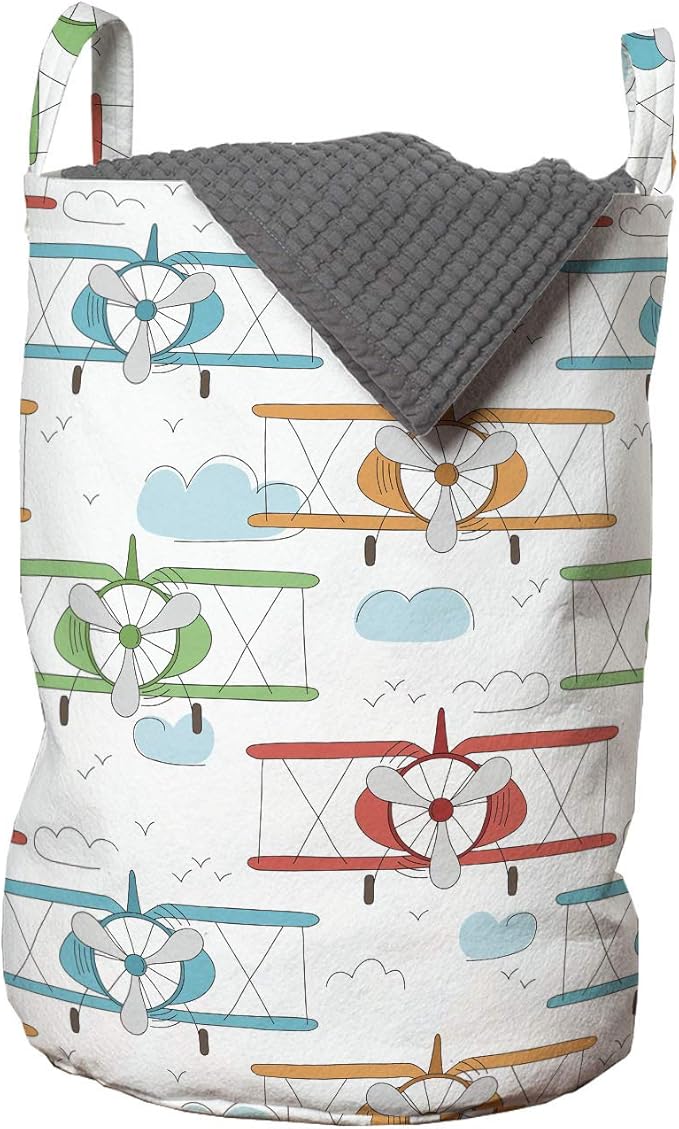 Ambesonne Airplane Laundry Bag, Vintage Single Engine Biplanes in Colorful Sketch Style Aviation Theme, Hamper Basket with Handles Drawstring Closure for Laundromats, 13" x 19", Pale Blue