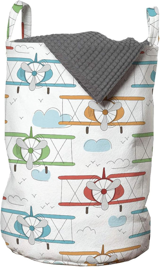 Ambesonne Airplane Laundry Bag, Vintage Single Engine Biplanes in Colorful Sketch Style Aviation Theme, Hamper Basket with Handles Drawstring Closure for Laundromats, 13" x 19", Pale Blue