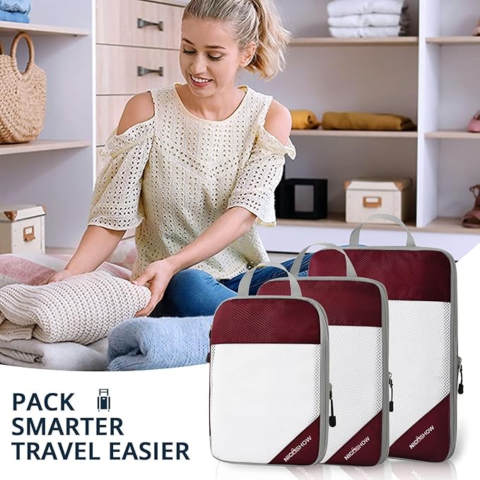 NICOSHOW 3 Set Compression Packing Cubes for Travel - Compressible, Lightweight, and Space-Saving Packing Cubes, Travel Essentials for Women, Wine