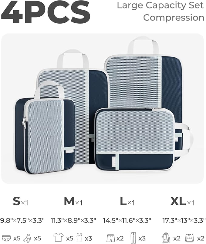 Percover Compression Packing Cubes for Travel, 4-Piece Structured Compression Organizer Set with Label Pockets for Carry-On & Checked Luggage, Navy Blue